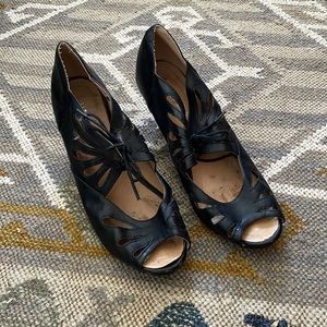 Chelsea Crew Black Leather Heels Laced and Laser Cut